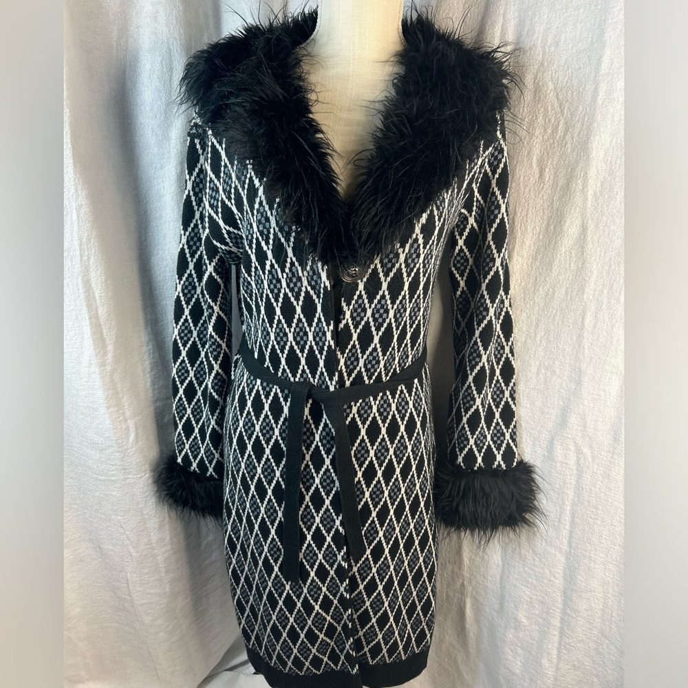 Chic Black and White Fur Trimmed Coat